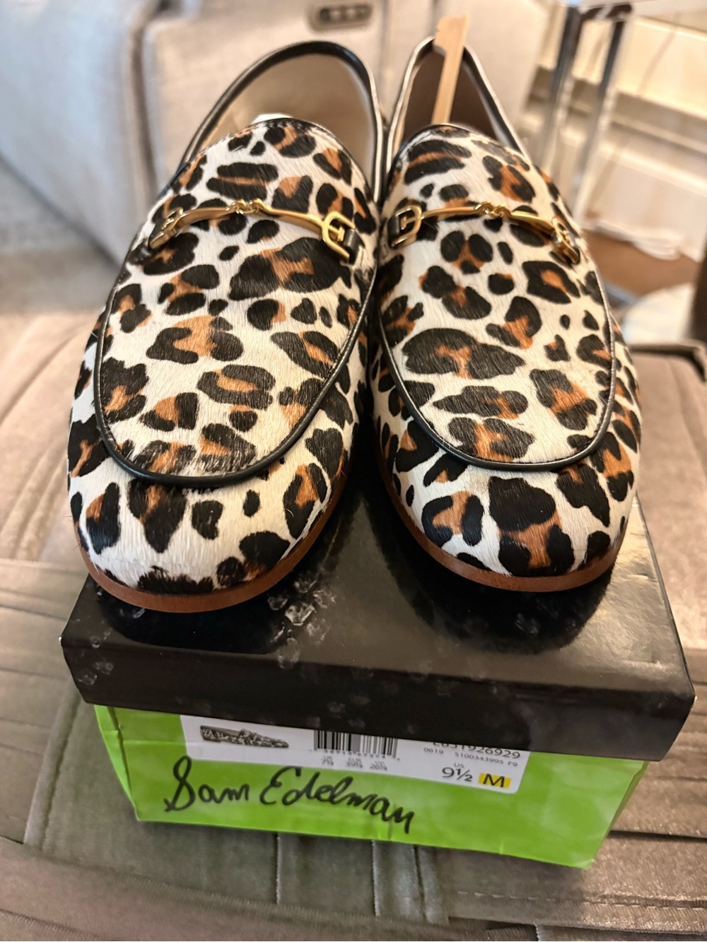 Sam Edelman Leopard Print Loafers with Gold Horsebit - Brown Black White